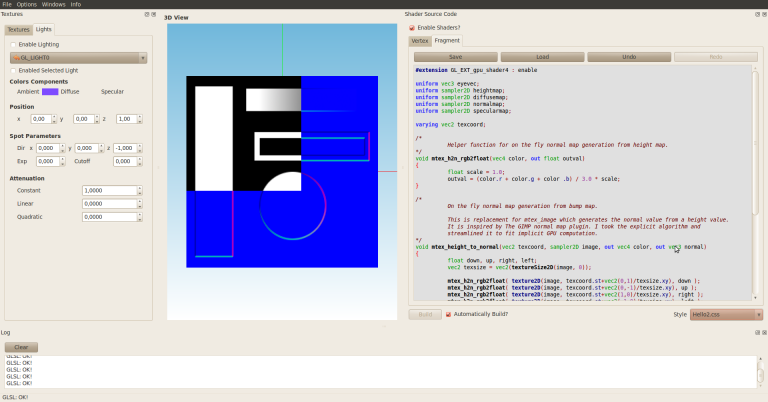 The OpenGL Shader editor shows an early version of the "height to normal" shader in action. This shader is used in my bump map preview task.