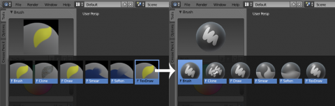 Screenshot of the new brush previews in Texture Paint mode added in Blender 2.71.