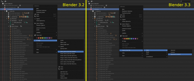 アウトライナー中のライブラリオーバーライドメニューの Blender 3.2と3.3の比較